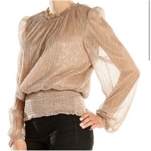 Joie Women’s metallic shimmer long sleeve smocked bottom Rose Gold blouse size M
